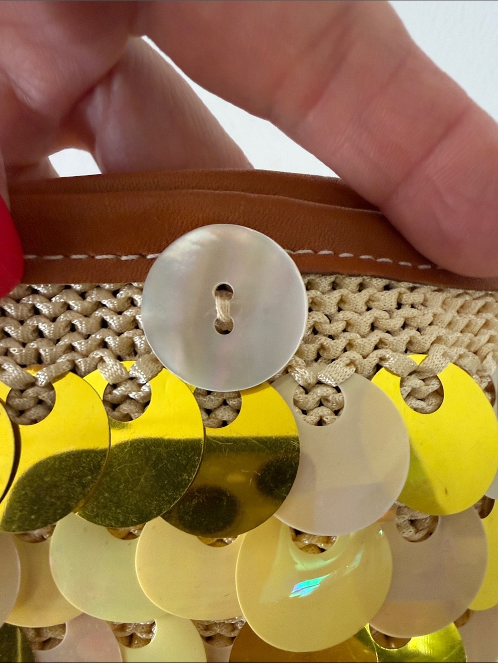 Petro Zillia Yellow Sequin Straw Hand Bag with Tan Trim - Picture 6 of 6